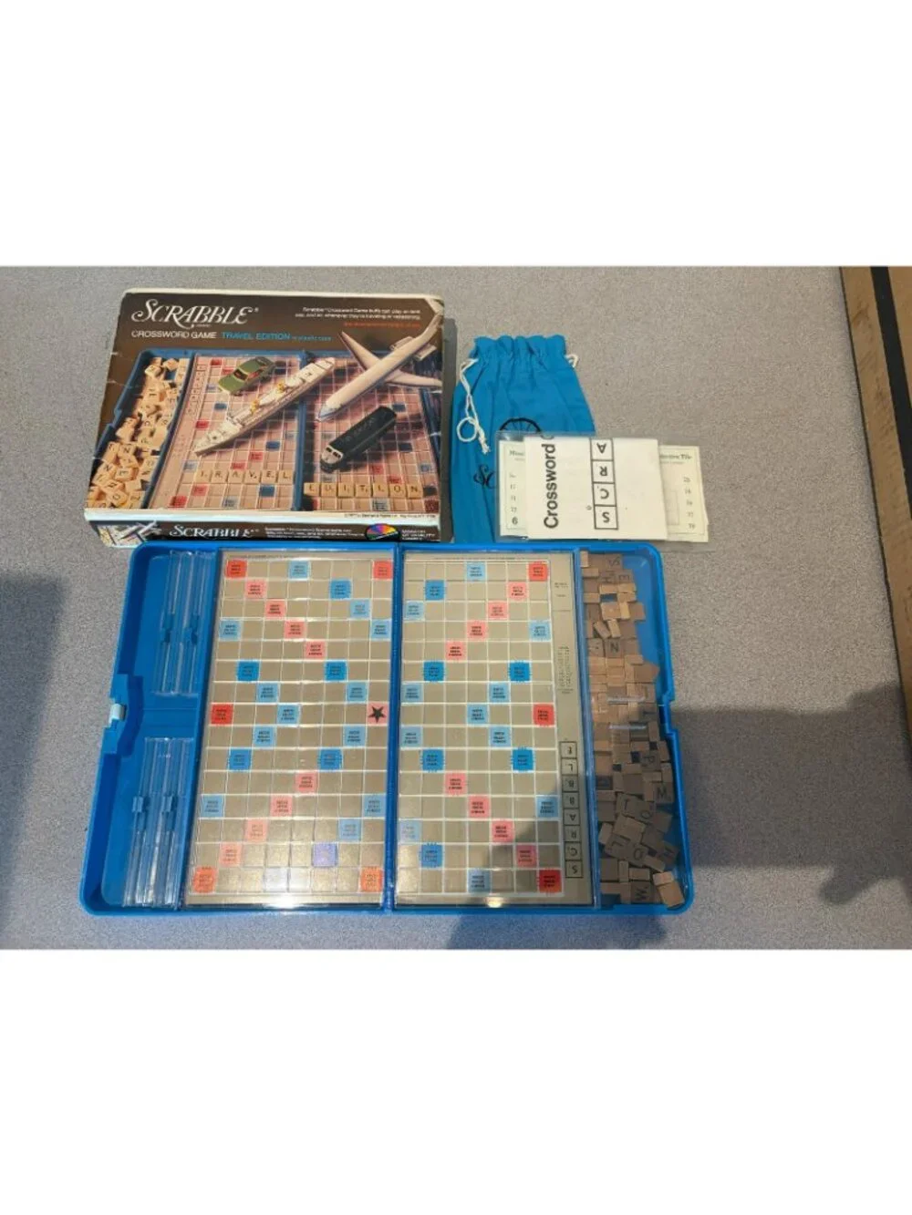 Vintage 1977 Scrabble Travel Edition Crossword Game #52 Blue Case Wood Tiles